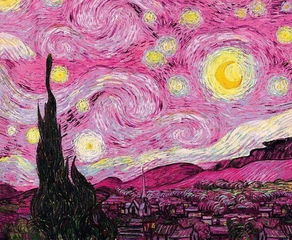 Van Gogh's Starry Night reimagined in vivid pink, hanging in The Creative Pod studio